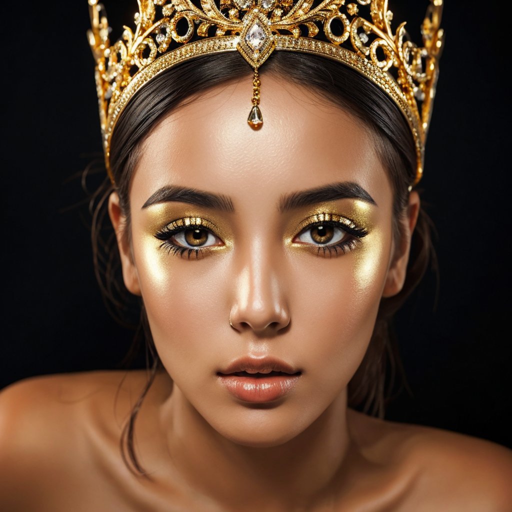 Realistic 16K resolution photography of a realistic girl, with her mouth painted gold, golden eyelashes and eye shadow, with an ornament on her head, gold falling on her forehead black background highlighting the woman's head and neck,
break, 
1 girl, Exquisitely perfect symmetric very gorgeous face, Exquisite delicate crystal clear skin, Detailed beautiful delicate eyes, perfect slim body shape, slender and beautiful fingers, nice hands, perfect hands, illuminated by film grain, realistic skin, dramatic lighting, soft lighting, exaggerated perspective of ((wide angle lens depth)),