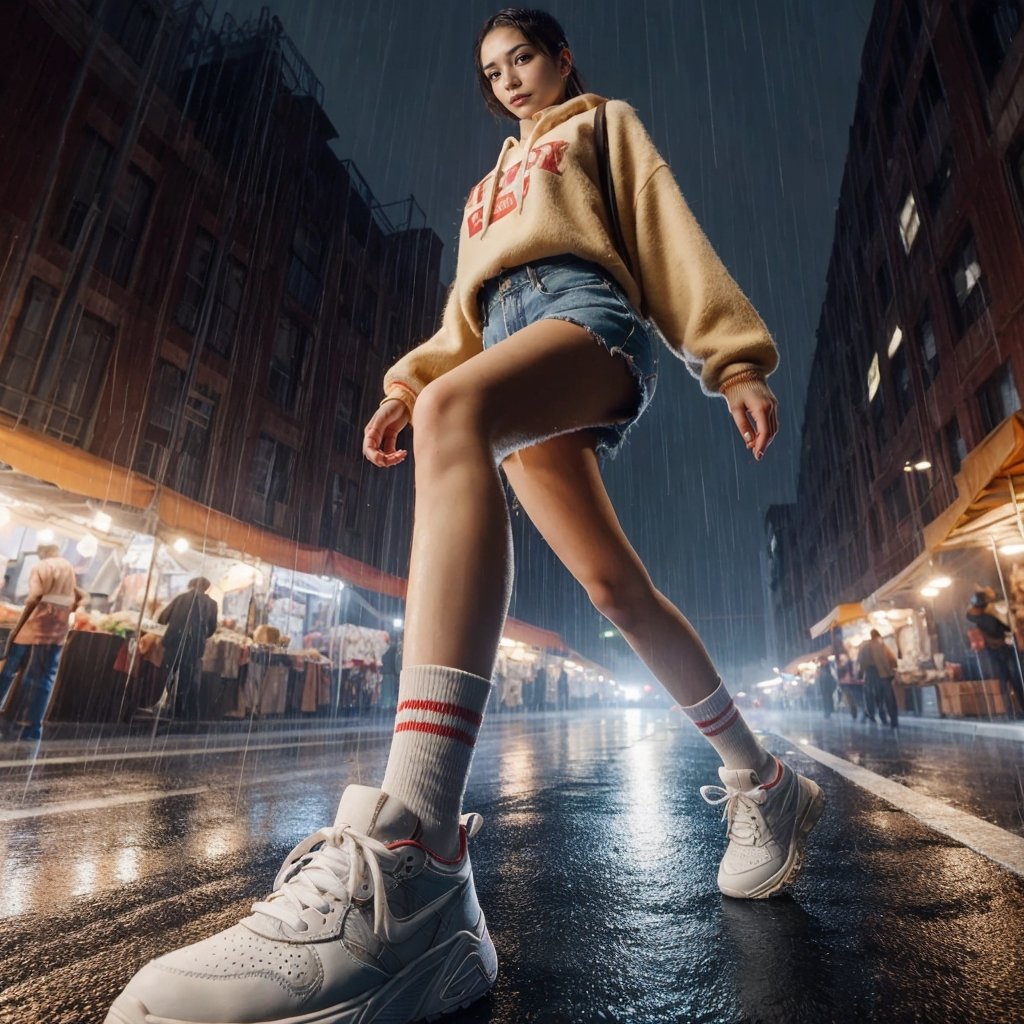 Realistic 8K resolution photography of 1 girl with exquisitely perfect face, wearing fashionable outfit and sneakers, Walking away with firm steps on night market, background dark sky, heavy rain, front view, Dutch Angle (from the side) view Extreme Close shot (focus on feet), Equirectangular, Aestheticism. break,
1 girl, Exquisitely perfect symmetric very gorgeous face, perfect breasts, Exquisite delicate crystal clear skin, Detailed beautiful delicate eyes, perfect slim body shape, slender and beautiful fingers, nice hands, perfect hands, perfect pussy, illuminated by film grain, Film photo style, realistic skin, fish-eye lens, 