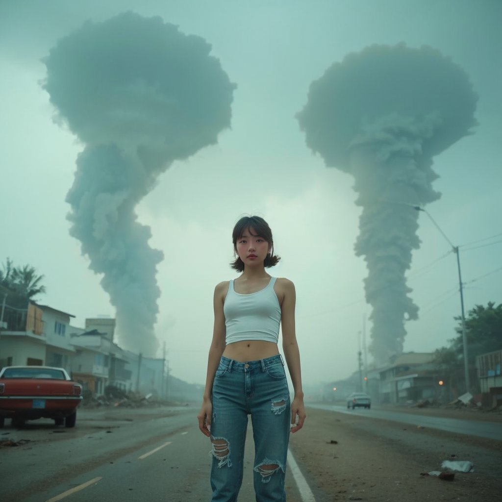 Realistic high resolution low angle view photography of On the island of Jeju, South Korea, a young woman in a white tank top and ragged jeans stands before two towering tornadoes, surrounded by cars, buildings, and debris swirling in the violent winds.
break, 
1 girl, Exquisitely perfect symmetric very gorgeous face, Exquisite delicate crystal clear skin, Detailed beautiful delicate eyes, perfect slim body shape, slender and beautiful fingers, legs, perfect hands, legs, illuminated by film grain, realistic style, realistic skin texture, dramatic lighting, soft lighting, exaggerated perspective of ((Wide-angle lens depth)),