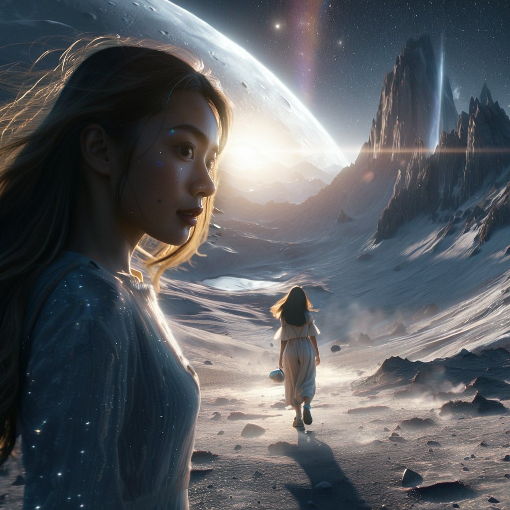 Realistic 8K resolution photography of on moon surface near giant mountain, 1girl with perfect face, walking away from the camera, shot through a five-point perspective prism, Reflect the dynamics of character and light, dramatic scenes with light and sparkle effects. illuminated by film grain, realistic skin, dramatic lighting, soft lighting,((wide angle lens depth)), Extremely details,