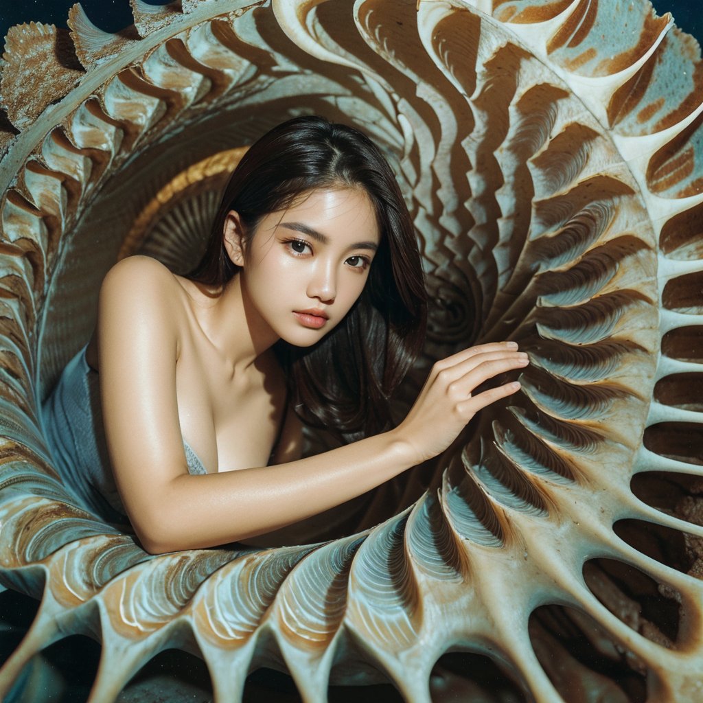 Realistic 16K resolution photography of from the base of the Nautilus shell's root-like structures along its twisted form to the tip of its spiral structure. Each image should capture the intricate details and textures present in this artwork while maintaining the surreal quality of combining marine and terrestrial elements, natural colored, accent on the face,
break, 
1 girl, Exquisitely perfect symmetric very gorgeous face, Exquisite delicate crystal clear skin, Detailed beautiful delicate eyes, perfect slim body shape, slender and beautiful fingers, nice hands, perfect hands, illuminated by film grain, realistic skin, dramatic lighting, soft lighting, exaggerated perspective of ((wide angle lens depth)),