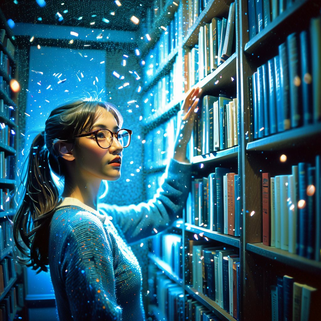 Realistic 16K photography of 1girl wearing glasses, reaching books from bookshelf. Each book glowing blue particles; books causing the particles to scatter lightly in the air. illuminated by film grain, realistic skin, dramatic lighting, soft lighting, exaggerated perspective of ((fisheye lens depth)),Analog signal glitch art style, color mosaic,