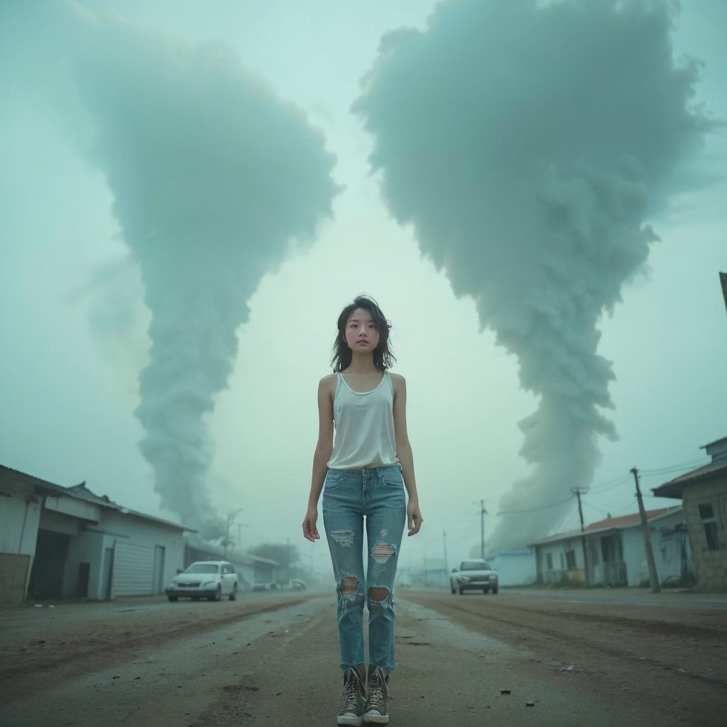 Realistic high resolution low angle view photography of On the island of Jeju, South Korea, a young woman in a white tank top and ragged jeans stands before two towering tornadoes, surrounded by cars, buildings, and debris swirling in the violent winds.
break, 
1 girl, Exquisitely perfect symmetric very gorgeous face, Exquisite delicate crystal clear skin, Detailed beautiful delicate eyes, perfect slim body shape, slender and beautiful fingers, legs, perfect hands, legs, illuminated by film grain, realistic style, realistic skin texture, dramatic lighting, soft lighting, exaggerated perspective of ((Wide-angle lens depth)),