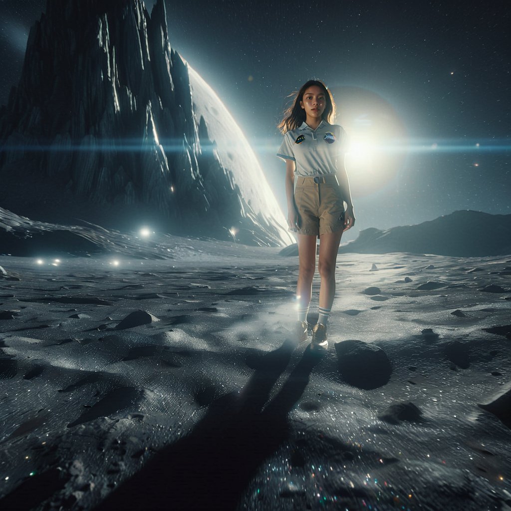 Realistic 8K resolution photography of on moon surface near giant mountain, 1girl with perfect face, shot through a five-point perspective prism, Reflect the dynamics of character and light, dramatic scenes with light and sparkle effects. illuminated by film grain, realistic skin, dramatic lighting, soft lighting,((wide angle lens depth)), Extremely details,