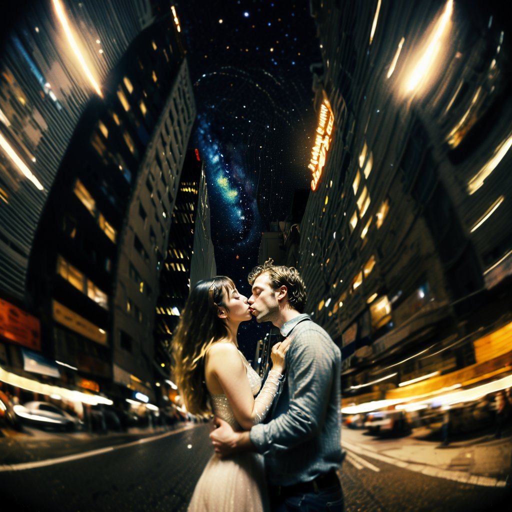 Realistic 16K photography of Klimt style, abstract, asymmetrical, disorderly, bustling streets, high-rise buildings and starry sky, a young couple kissing, childlike, dreamy, simple strokes, surreal (draft lines, delicate splicing)illuminated by film grain, realistic skin, dramatic lighting, soft lighting,((fisheye lens depth)),