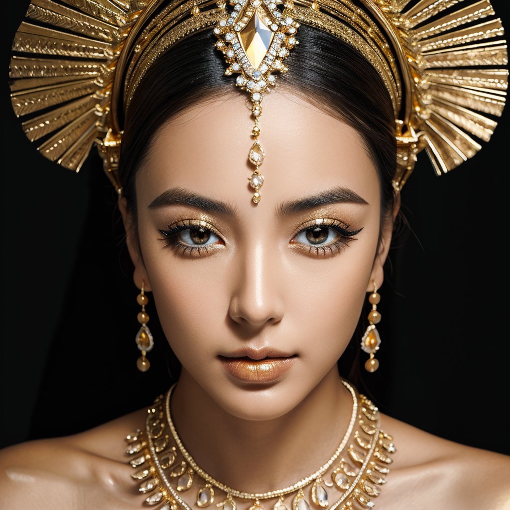 Realistic 16K resolution photography of a realistic girl, with her mouth painted gold, golden eyelashes and eye shadow, with an ornament on her head, gold falling on her forehead black background highlighting the woman's head and neck,
break, 
1 girl, Exquisitely perfect symmetric very gorgeous face, Exquisite delicate crystal clear skin, Detailed beautiful delicate eyes, perfect slim body shape, slender and beautiful fingers, nice hands, perfect hands, illuminated by film grain, realistic skin, dramatic lighting, soft lighting, exaggerated perspective of ((wide angle lens depth)),