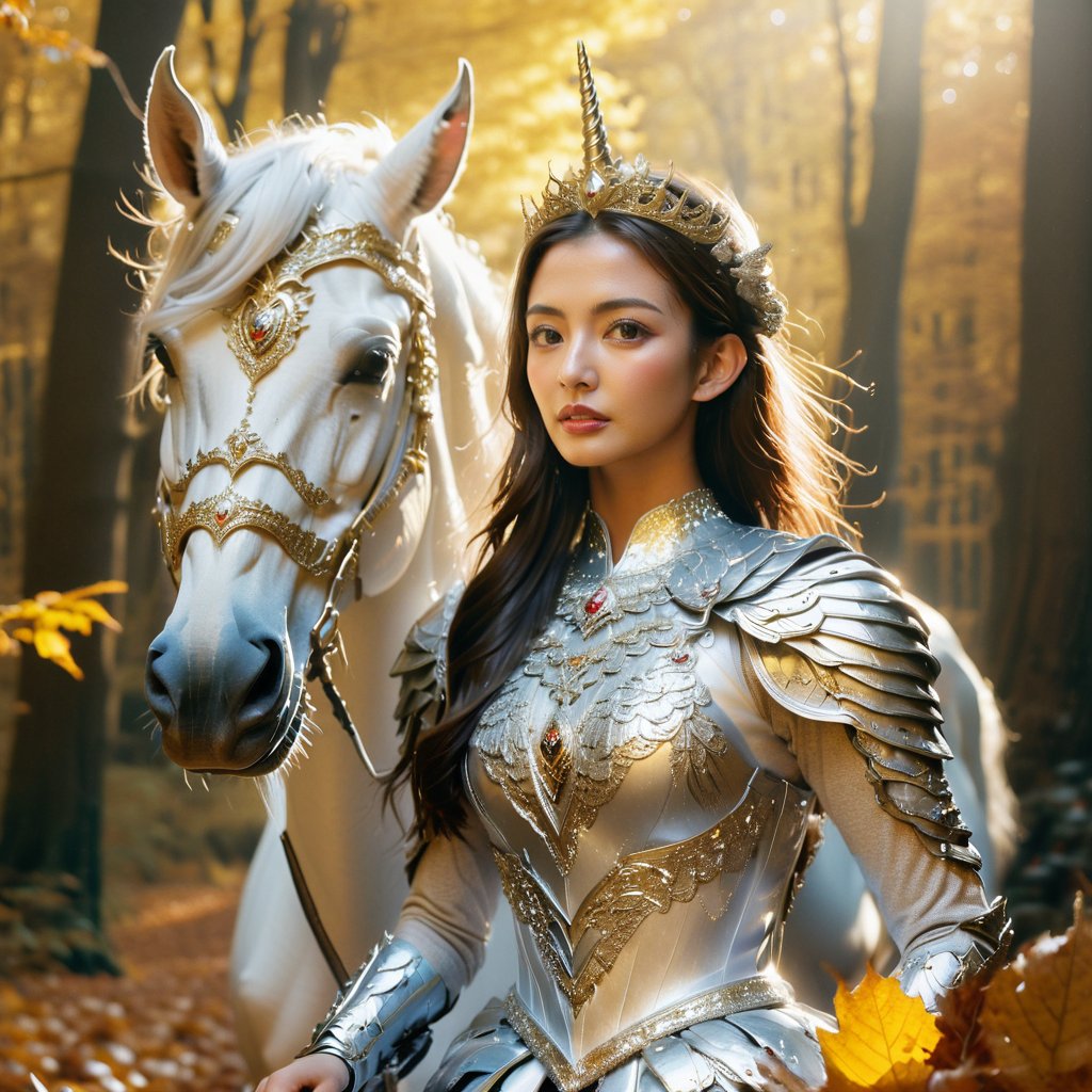 Realistic 16K resolutionphotography of 1 elegant girl clad in intricate silver armor, rides confidently through an enchanting autumn forest on a majestic white unicorn. The unicorn is adorned with ornate golden accessories that match the woman's regal attire, rideing through deep forest,
break,
1girl, Exquisitely perfect symmetric very gorgeous face, Exquisite delicate crystal clear skin, Detailed beautiful delicate eyes, perfect slim body shape, slender and beautiful fingers, legs, perfect hands, legs, illuminated by film grain, realistic style, realistic skin texture, dramatic lighting, soft lighting, exaggerated perspective of ((Wide-angle lens depth)),