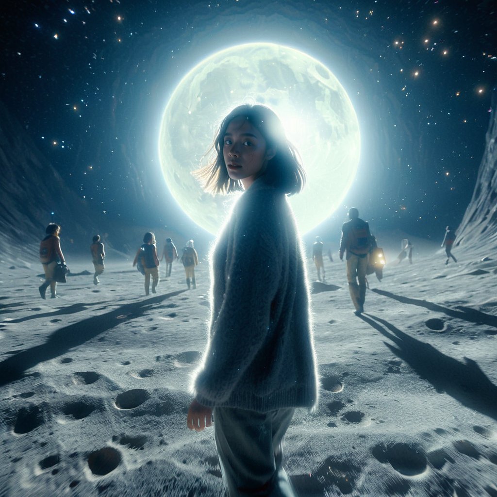 Realistic 8K resolution photography of on moon surface near giant mountain, 1girl with perfect face, walking away from the camera, shot through a five-point perspective prism, Reflect the dynamics of character and light, dramatic scenes with light and sparkle effects. illuminated by film grain, realistic skin, dramatic lighting, soft lighting,((wide angle lens depth)), Extremely details,