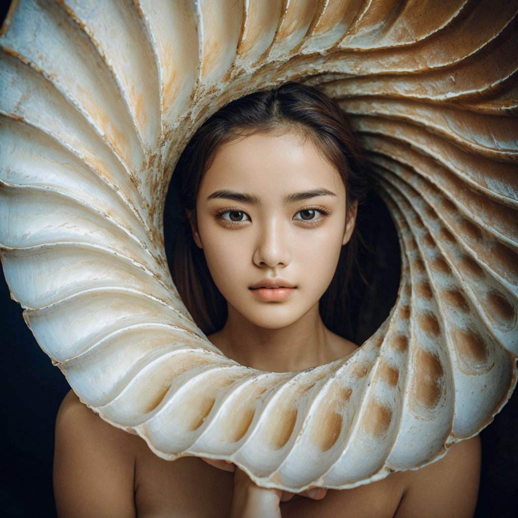 Realistic 16K resolution photography of from the base of the Nautilus shell's root-like structures along its twisted form to the tip of its spiral structure. Each image should capture the intricate details and textures present in this artwork while maintaining the surreal quality of combining marine and terrestrial elements, natural colored, accent on the face,
break, 
1 girl, Exquisitely perfect symmetric very gorgeous face, Exquisite delicate crystal clear skin, Detailed beautiful delicate eyes, perfect slim body shape, slender and beautiful fingers, nice hands, perfect hands, illuminated by film grain, realistic skin, dramatic lighting, soft lighting, exaggerated perspective of ((wide angle lens depth)),