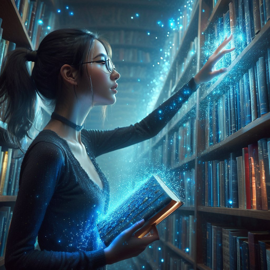 Realistic 16K photography of 1girl wearing glasses, reaching books from bookshelf. Each book glowing blue particles; books causing the particles to scatter lightly in the air. 
break, 
1 girl, Exquisitely perfect symmetric very gorgeous face, Exquisite delicate crystal clear skin, Detailed beautiful delicate eyes, perfect slim body shape, slender and beautiful fingers, legs, perfect hands, legs, illuminated by film grain, realistic style, realistic skin texture, dramatic lighting, soft lighting, exaggerated perspective of ((Wide-angle lens depth)),