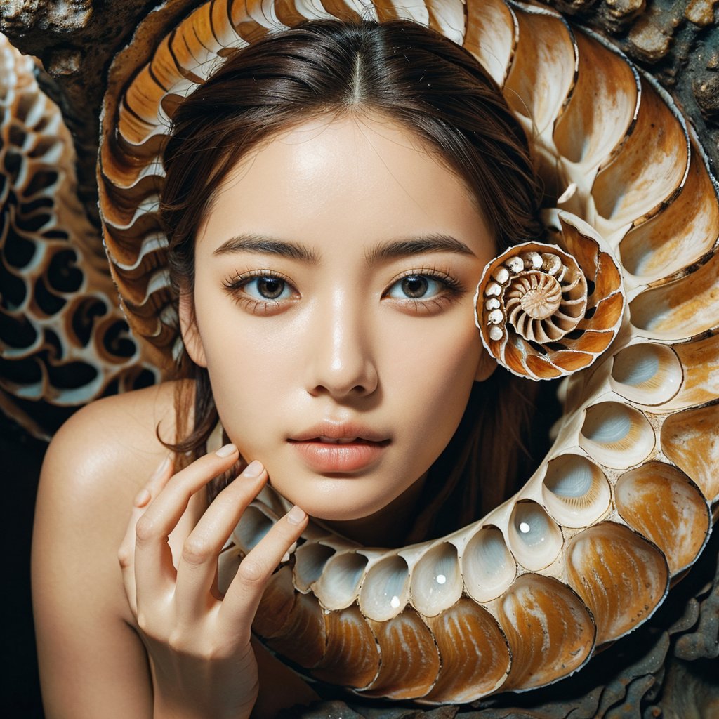 Realistic 16K resolution photography of from the base of the Nautilus shell's root-like structures along its twisted form to the tip of its spiral structure. Each image should capture the intricate details and textures present in this artwork while maintaining the surreal quality of combining marine and terrestrial elements, natural colored, accent on the face,
break, 
1 girl, Exquisitely perfect symmetric very gorgeous face, Exquisite delicate crystal clear skin, Detailed beautiful delicate eyes, perfect slim body shape, slender and beautiful fingers, nice hands, perfect hands, illuminated by film grain, realistic skin, dramatic lighting, soft lighting, exaggerated perspective of ((wide angle lens depth)),