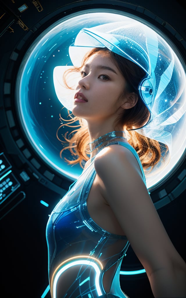 Realistic high resolution low angle view photography of 1girl wearing tight and deep blue space suite, helmet, floating in the air, full_body, transparent background, in space station, 
break, 
1 girl, Exquisitely perfect symmetric very gorgeous face, Exquisite delicate crystal clear skin, Detailed beautiful delicate eyes, perfect slim body shape, slender and beautiful fingers, legs, perfect hands, legs, illuminated by film grain, realistic style, realistic skin texture, dramatic lighting, soft lighting, exaggerated perspective of ((Wide-angle lens depth)),