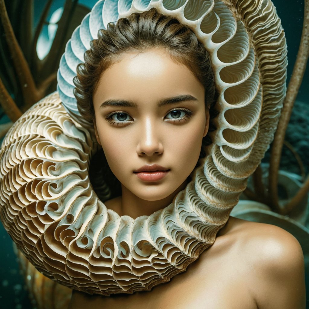 Realistic 16K resolution photography of from the base of the Nautilus shell's root-like structures along its twisted form to the tip of its spiral structure. Each image should capture the intricate details and textures present in this artwork while maintaining the surreal quality of combining marine and terrestrial elements, natural colored, accent on the face,
break, 
1 girl, Exquisitely perfect symmetric very gorgeous face, Exquisite delicate crystal clear skin, Detailed beautiful delicate eyes, perfect slim body shape, slender and beautiful fingers, nice hands, perfect hands, illuminated by film grain, realistic skin, dramatic lighting, soft lighting, exaggerated perspective of ((wide angle lens depth)),