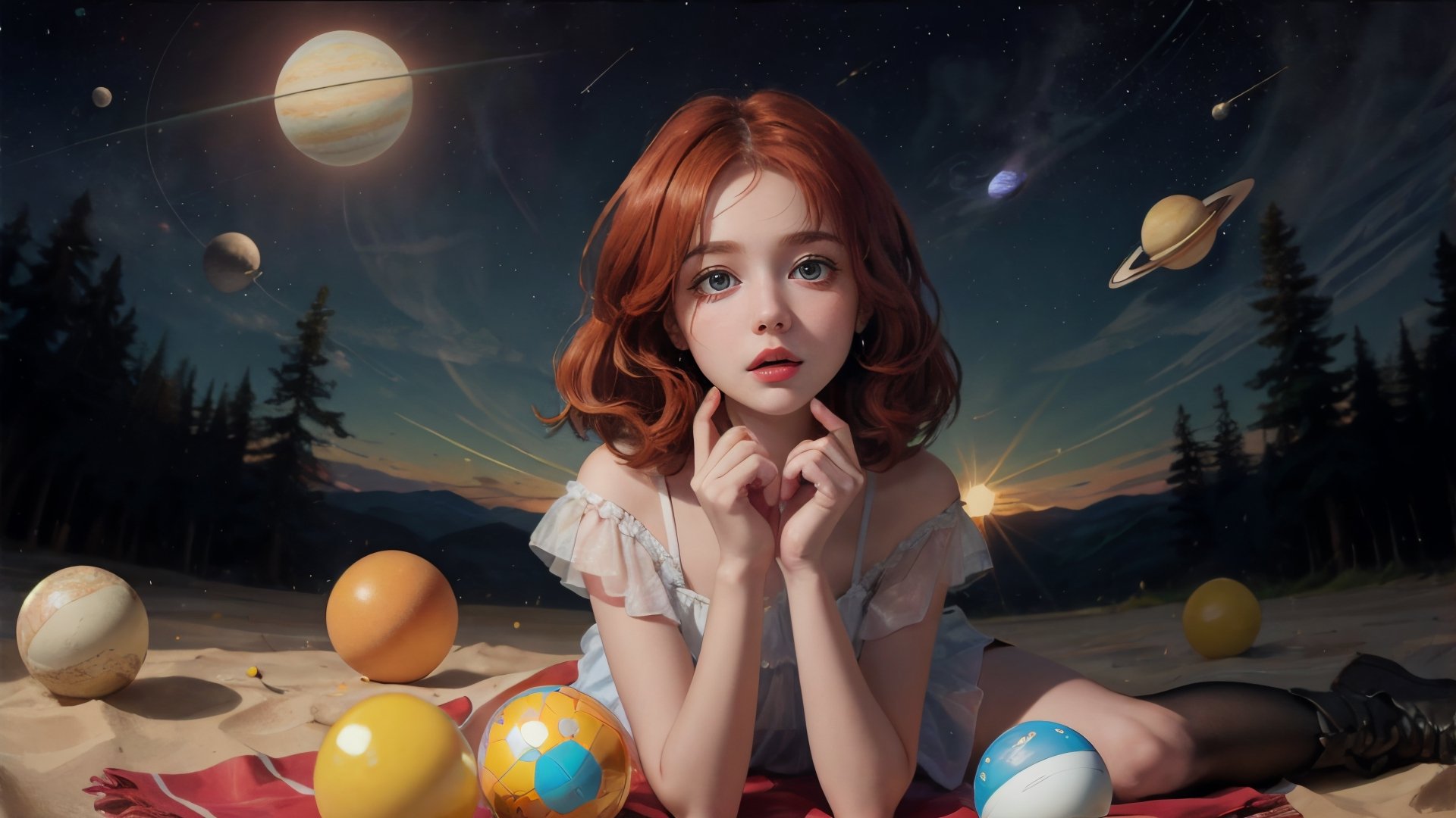 masterpiece, power of children imagination, , (fish eye lens, 10mm), art by Anna Razumovskaya,  nikolas copernikus, 1 girl, all body, beautiful baby girl face ,(redhead:1.4), petite, cute face,  oval jaw, delicate features, beautiful face,  bright blue eyes, Anna Dittmann art, high detailed solar system,(Leonardo daVinci sketch od solar system on the ground) 9 planets, yellow big sun, cosmos, ((She sits on the floor. she is playng with balls making solar system)), grabbing the sun