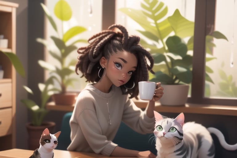 ebony skintone, full window, girl sitting in a window, rainy weather outside, cozy room, clean detail,  holding coffe mug, locs_hairstyle, foliage in room, pet cat, clean detail, vine border, adult, sharp lines, no duplicates, long hair, looking away
