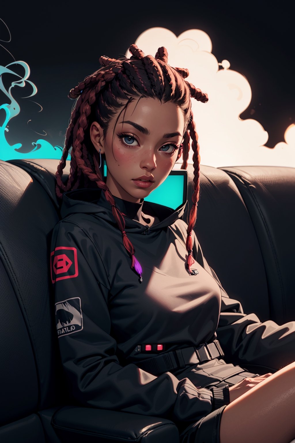 ebonyskintone,woman with locs,head leaned back off couch, blowing smoke from blunt,eyes lookingat camera, cyberpunk style background,
