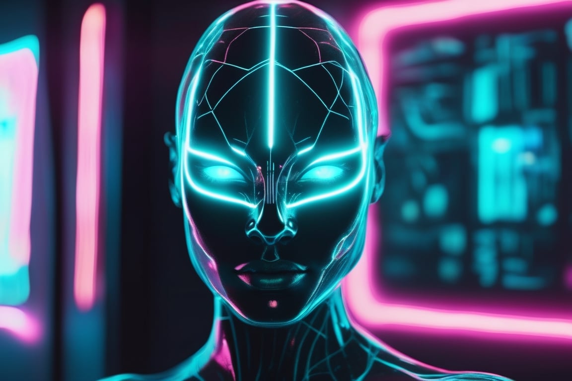 (Modernist photograph:1.3) of a celestial entity made of aether, (cyan, black, neon, glow:1.5), transparent, glowing eyes, vaporwave aesthetics,  highest quality,  detailed and intricate,  beautiful,  concept art,  original shot, dark background,neon style