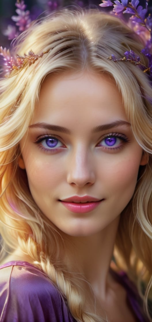  an enchanting portrait of a beautiful young woman with blond hair, looking at the viewer, beautiful face, beautiful violet eyes, (violet aura around her body), smile, at night, high detailed, photo, aquarelle by Anna Dittmann, Botticelli, Picasso, Caspar David Friedrich, Meghan Duncanson, Didier Lourenço and Daniel Merriam, highly detailed, intricate, imperial colours, cinematic postprocessing, Miki Asai Macro photography, close-up, hyper detailed, trending on artstation, sharp focus, studio photo, intricate details, highly detailed, by greg rutkowski