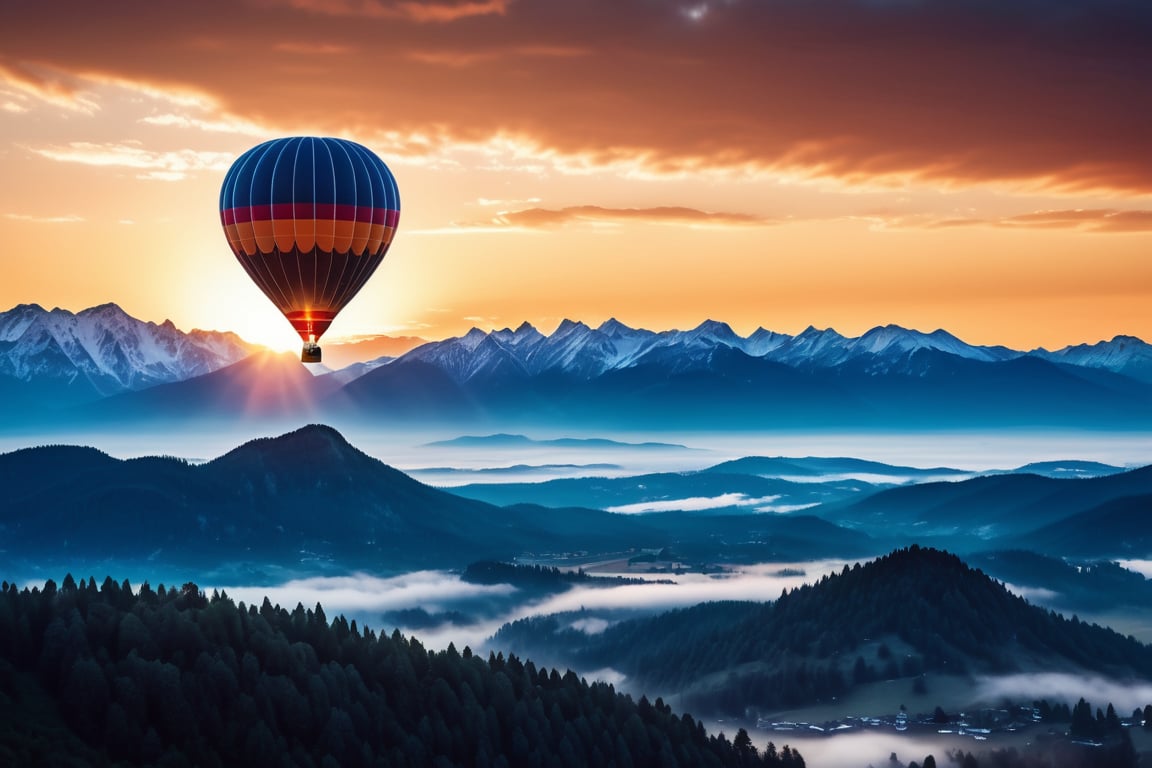 masterpiece, high quality animation, aesthetic photo, pore and detailed, intricate detailed, graceful and beautiful textures, RAW photo, 16K, focus on a hot-air-balloon, at dark sunset, diffused sunlighting, one hot air balloon, ,in the high sky, clouds, snowy mountains in the distance, forest, focus on 1-hot-air-balloon