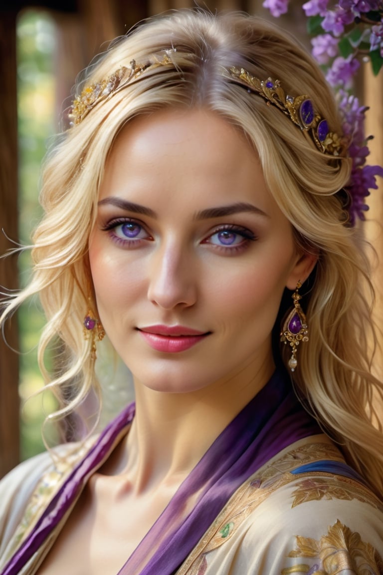  an enchanting portrait of Eve, a beautiful 30yo woman with blond hair, ancient princess robe, side shot, beautiful face, beautiful violet eyes, (violet aura), smile,  ancient simple wood-house background, high detailed, photo, aquarelle by Anna Dittmann, Botticelli, Picasso, Caspar David Friedrich, Meghan Duncanson, Didier Lourenço and Daniel Merriam, highly detailed, intricate, imperial colours, cinematic postprocessing, Miki Asai Macro photography, close-up, hyper detailed, trending on artstation, sharp focus, studio photo, intricate details, by greg rutkowski