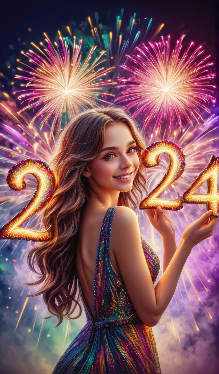 (best quality, masterpiece, ultra detailed, highres, RAW image),
Perfect facial features, round iris in perfect eyes, perfect proportions, multicolor fireworks, prestigeous, delicate, romantic, glowing text of Happy New Year 2024, romanticism, realistic, colorful, color art, 2024, gorgeous woman with long wavy hair, sweet smile, christmas festive celebration, multicolor  fireworks on the sky,  chiffon dress, sparklers, new year concept art