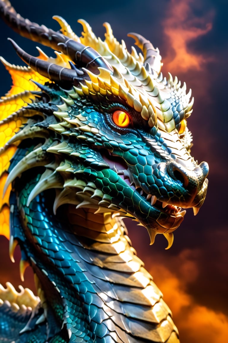 ((Ancient Dragon looking at the camera)),(choker), (glowing gold eyes), (upper body,forehead),bursts of hot clouds from noses, (ultra detailed face), (cinematic colors),(beaked snake head),(Particles),(Beautiful and Majestic),translucent scales with rainbow-tint reflections, (cinematic colors background), octane render,  taken with Hasselblad camera, three point lighting, ,more detail XL