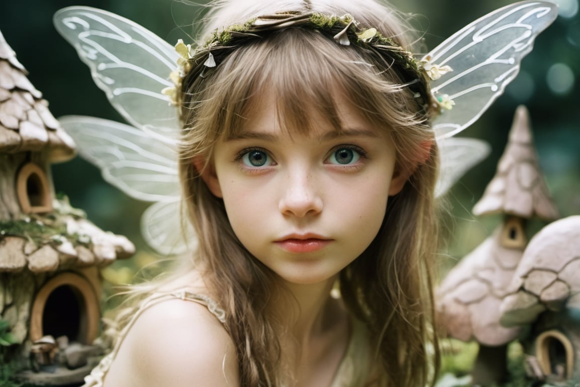 Closeup Photo. Fairy girl a fairy village, style by Arthur Rackham. , Canon 5d Mark 4, Kodak Ektar, delicate textures