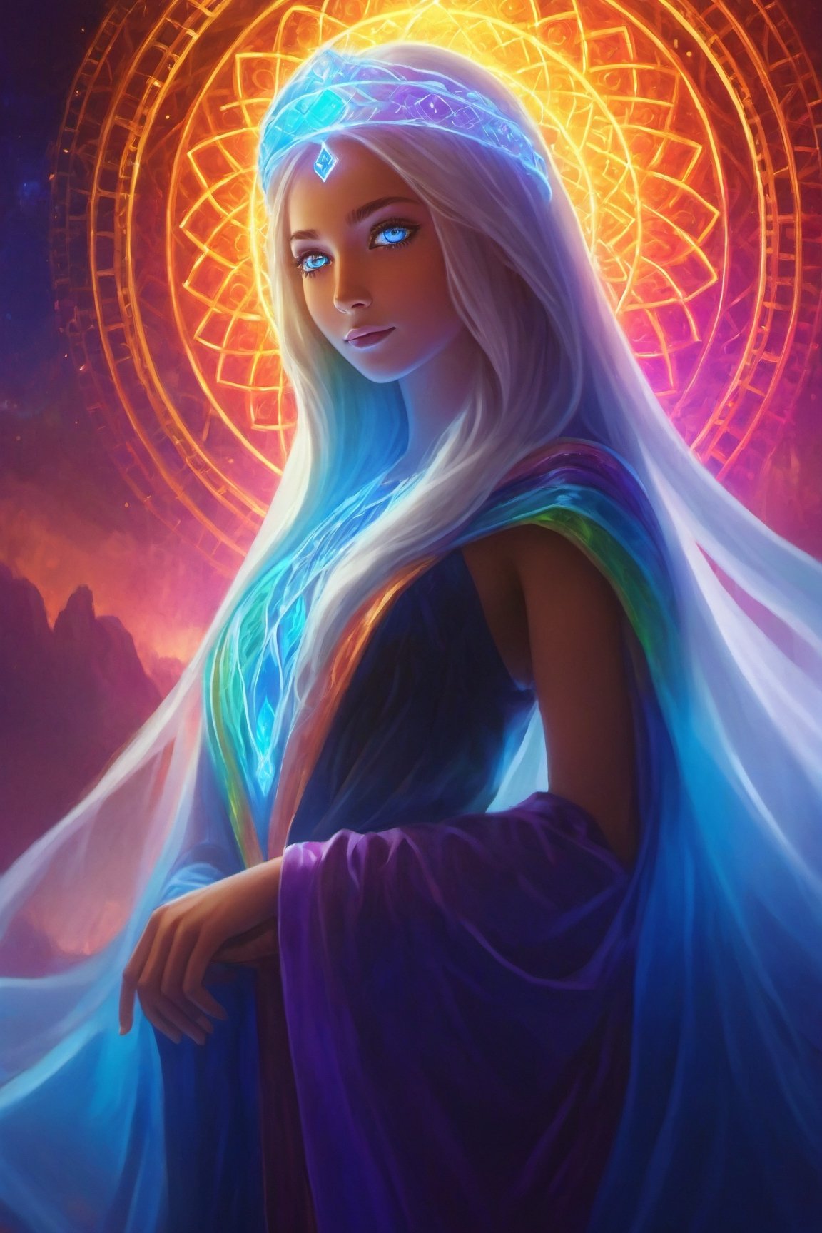 portrait of Celestial Being, power of life, supreme queen, halo of colorful lights, royal queen robe, female, happy, very beautiful, beautiful eyes, welcoming, transparent beautiful neat hair with accessories, (glowing silver eyes:2), ((strong inner light)), glowing, rainbow color aura, majestic, magnificent, detailed texture, levitating, various poses, fantasy, masterpiece, best quality, ultra quality,    dark sky, ,Magical Fantasy style