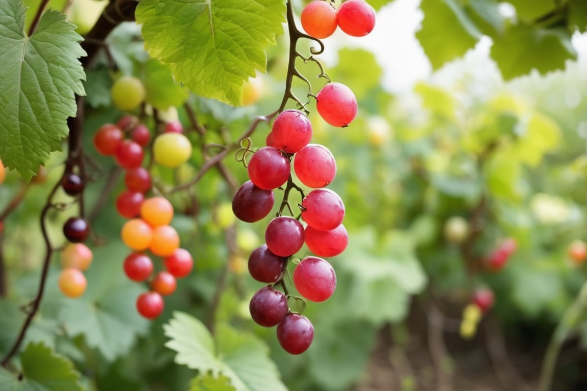 Vines in a garden, flower and fruit of vines. Fresh, vivid, beautiful, natural, focus, realistic, delicate textures 