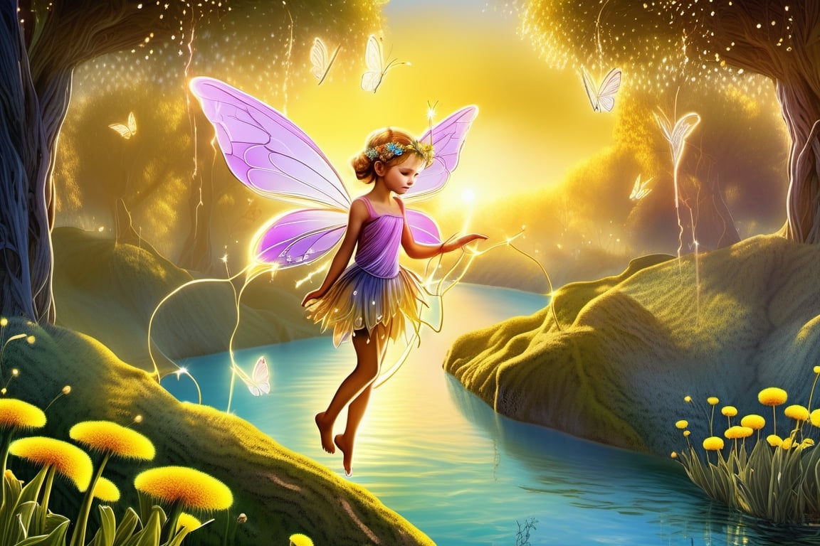 digital painting, photorealistic, fairy spring well-dressed flying pixie garden fairies, golden lines,  best quality,  fantasy,   dandelion flowers, sunrise, river, cute, adorable, fairytale, cinematic,  highly detailed  , tiny details, luminism, vibrant colors,  misty background 