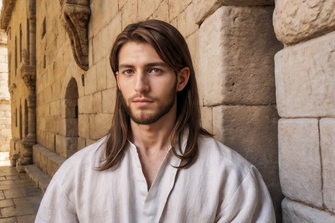 Joshua, 28-years old, jew, long light-brown hair, handsome, realistic face, sharp eyes, close_up, wearing a piece of long white linen like Jesus, leather gird, calm, tough, different poses, photo, ancient jerusalem walls background 