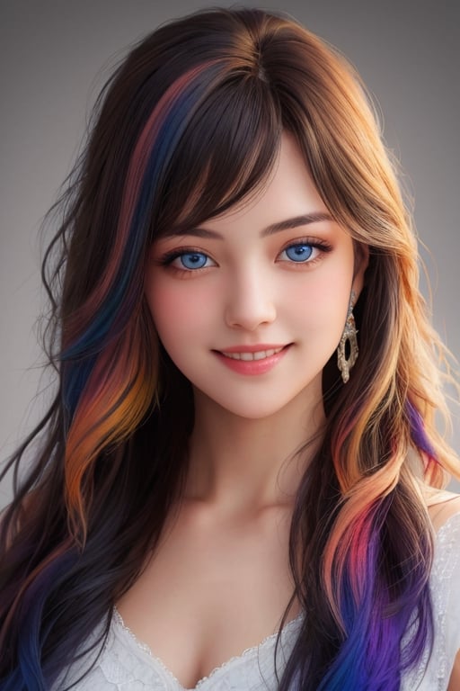 (masterpiece:1.1), (highest quality:1.1), (HDR:1.0), girl with really wild hair, mane, multicolored hairlighting, (from front:0.6) , detailed, realistic, 8k uhd, high quality "A strikingly beautiful girl with radiant, captivating eyes and a confident, warm smile."
