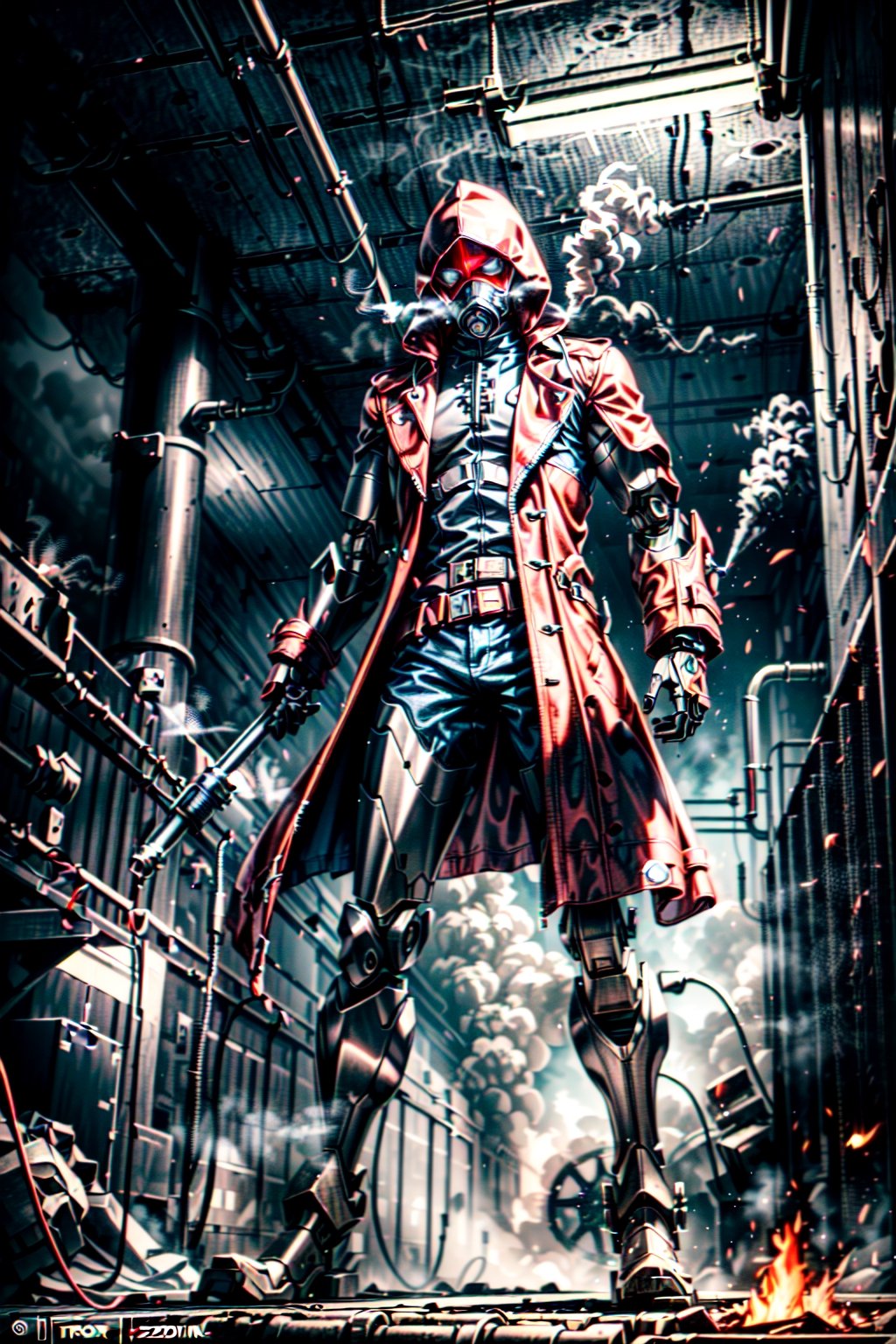 solo male in late 40's, (chestplate lined with pressure gauges and pipes:1.1), metal gas mask, iron boots, ((large oversized mechanical cyborg right arm with pressure gauge on wrist, exhaust ports venting steam:1.3)), bare left hand, ((open crimson trench coat with crimson hood:1.5)), glowing red eyes, black pants, holstered revolver, menacing, advancing, low point of view looking up, dark steampunk factory interior setting, gears in background, fires in background, dungeons and dragons character style, midnight, dynamic lighting, shadows, darkness, dim

five fingers, perfect hands, best quality, masterpiece, beautiful, perfect anatomy