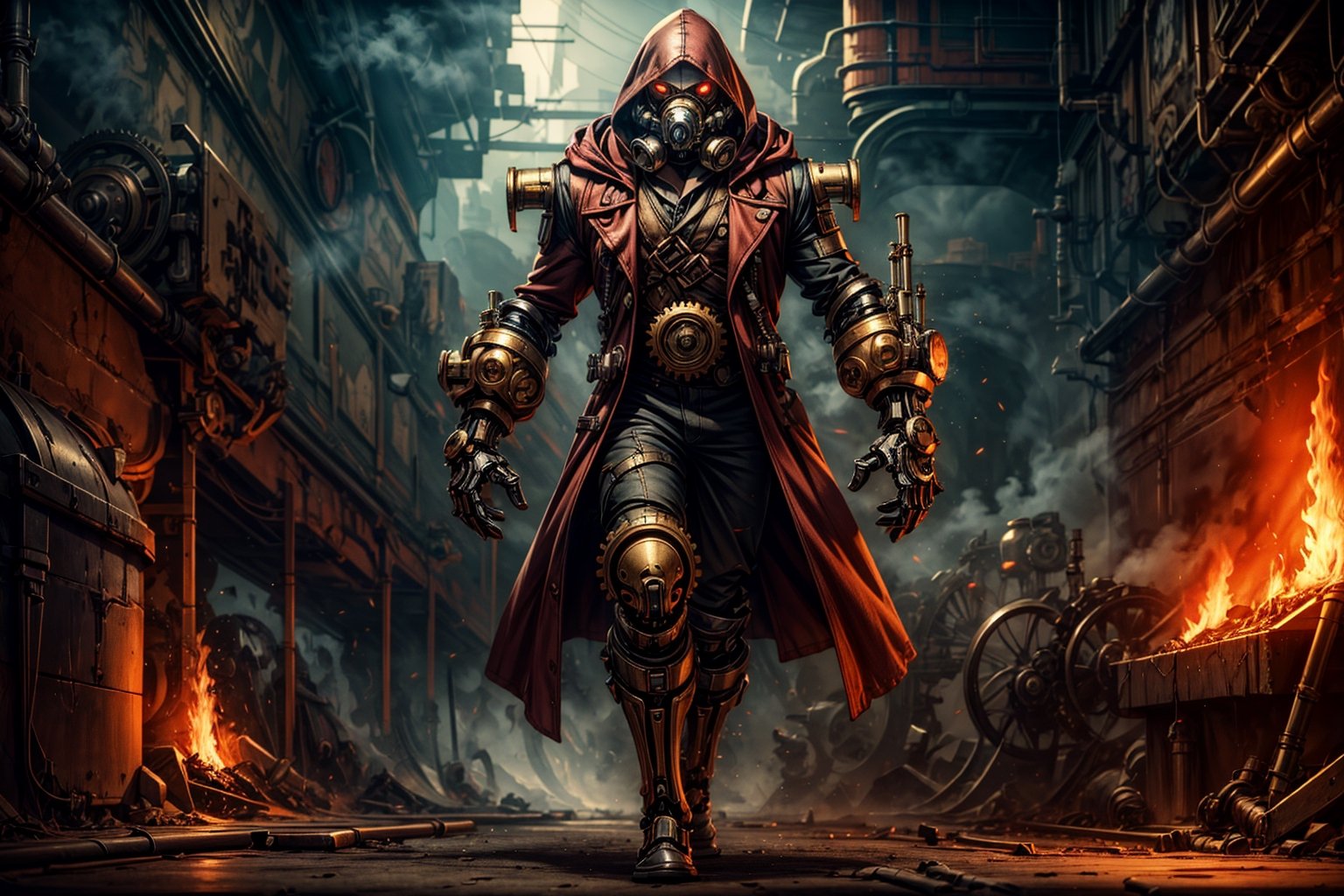 solo male, steampunk chestplate, metal gas mask, iron boots, BREAK (oversized mechanical gauntlet on right hand:1.5), BREAK exhaust ports venting steam attached to armor, BREAK fingerless glove on left hand, BREAK (open red trench coat with hood:1.3), BREAK (glowing red eyes:1), black pants, BREAK dynamic pose, action pose, multiple poses, menacing atmosphere, dramatic pov, dark steampunk factory interior setting, gears in background, fires in background, dungeons and dragons character style, midnight, volumetric lighting, shadows, darkness, dim,

five fingers, perfect hands, best quality, masterpiece, beautiful, perfect anatomy,steam4rmor,lolstyle