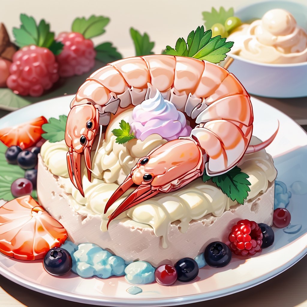 Anime style, Absurdres,RAW, Food Photograph, side picture, Steamed shrimps with topped with ice-cream, bright, pastel-color, delicious, epic, on plate, berrys:0.3, high_res