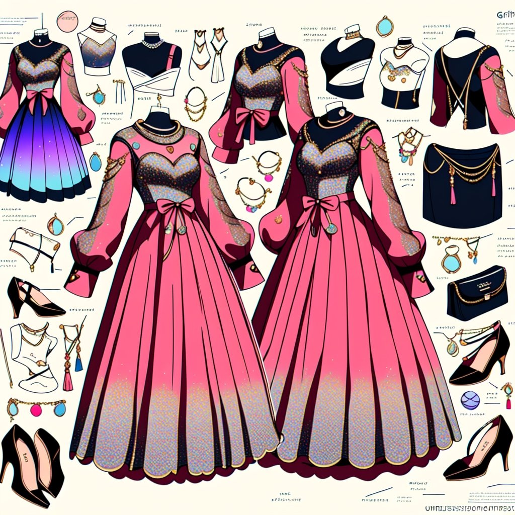 "Design a ball gown for a woman, considering her vibrant personality and the cultural context. Provide a full image, including clothing details, accessories, and short hairstyle. Ensure the outfit is comfortable yet stylish, simple background. Incorporate elements that reflect her individuality and preferences, keeping in mind current fashion trends.",girl, stand straight