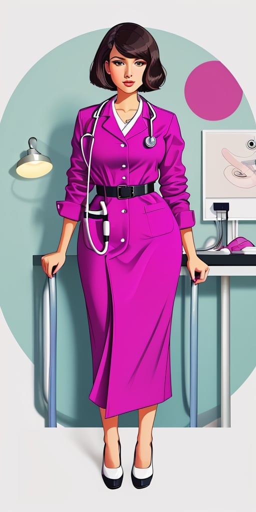  woman, we curvy body, wearing nurseclothes, checkered, bob-cut, stethoscope, facing viewer, center, simple background, middle shot, drawing, vector art, illustration, flat lines, masterpiece, professional, high quality, ,masterpiece, highres,  4k, detailed background, colorful, (deafening:0.8),