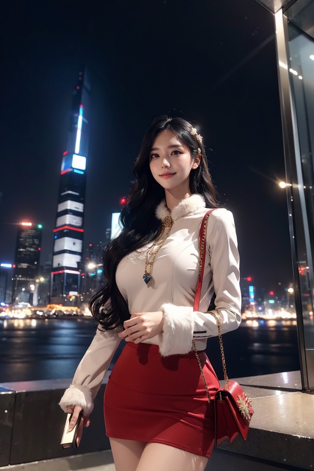 masterpiece, best quality, absurdres, 8K, super fine, best_lighting, (Buzzing cityscape at night with illuminated skyscrapers:1.4), (wonderland:1.2), (cowboy_shot:1.4), (stlyish pose:1.2), 28 years old, beautiful korean woman,
BREAK
elegant_prostitute, (seductive smile), (wavy long hair:1.2), huge breasts,
BREAK
(fur-trimmed outfit, red blouse, mini_skirt, Unique Handbag, many fluffy ornaments, opulent fur:1.5), (fluffy cuffs:1.5), asian girl, 1girl, eungirl