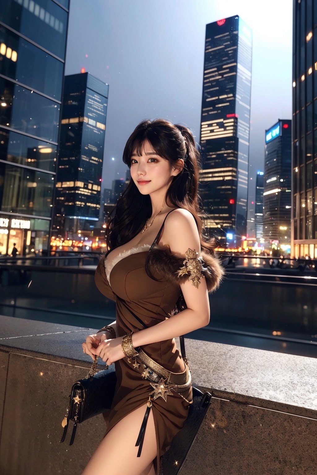 masterpiece, best quality, absurdres, 8K, super fine, best_lighting, (Buzzing cityscape at night with illuminated skyscrapers:1.4), (wonderland:1.2), fantasy_world, princess, (cowboy_shot:1.7), (stlyish pose:1.2), 28 years old, beautiful korean woman,
BREAK
elegant_prostitute, (seductive smile), (wavy long hair, blunt bangs:1.2), huge breasts,
BREAK
(fur-trimmed brown dress, Unique Handbag, brown-fur, opulent fur:1.5), (fluffy cuffs:1.5), asian girl, 1girl, eungirl