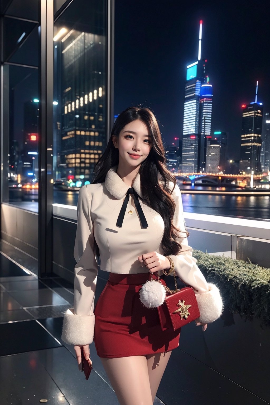 masterpiece, best quality, absurdres, 8K, super fine, best_lighting, (Buzzing cityscape at night with illuminated skyscrapers:1.4), (wonderland:1.2), (cowboy_shot:1.4), (walking toward the viewer:1.2), 28 years old, beautiful korean woman,
BREAK
elegant_prostitute, (seductive smile), (wavy long hair:1.2), huge breasts,
BREAK
(fur-trimmed outfit, red blouse, mini_skirt, Unique Handbag, many fluffy ornaments, opulent fur:1.5), (fluffy cuffs:1.5), asian girl, 1girl, eungirl