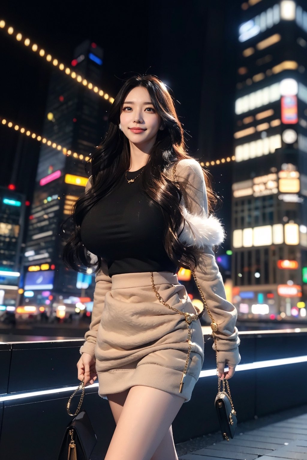 masterpiece, best quality, absurdres, 8K, super fine, best_lighting, (Buzzing cityscape at night with illuminated skyscrapers:1.4), (wonderland:1.2), (cowboy_shot:1.4), (walking toward the viewer:1.2), 28 years old, beautiful korean woman,
BREAK
elegant_prostitute, (seductive smile), (wavy long hair:1.2), huge breasts,
BREAK
(sweatshirt, mini_skirt:1.3), (Unique Handbag, many fluffy ornaments, opulent fur:1.5), (fluffy cuffs:1.5), asian girl, 1girl, eungirl