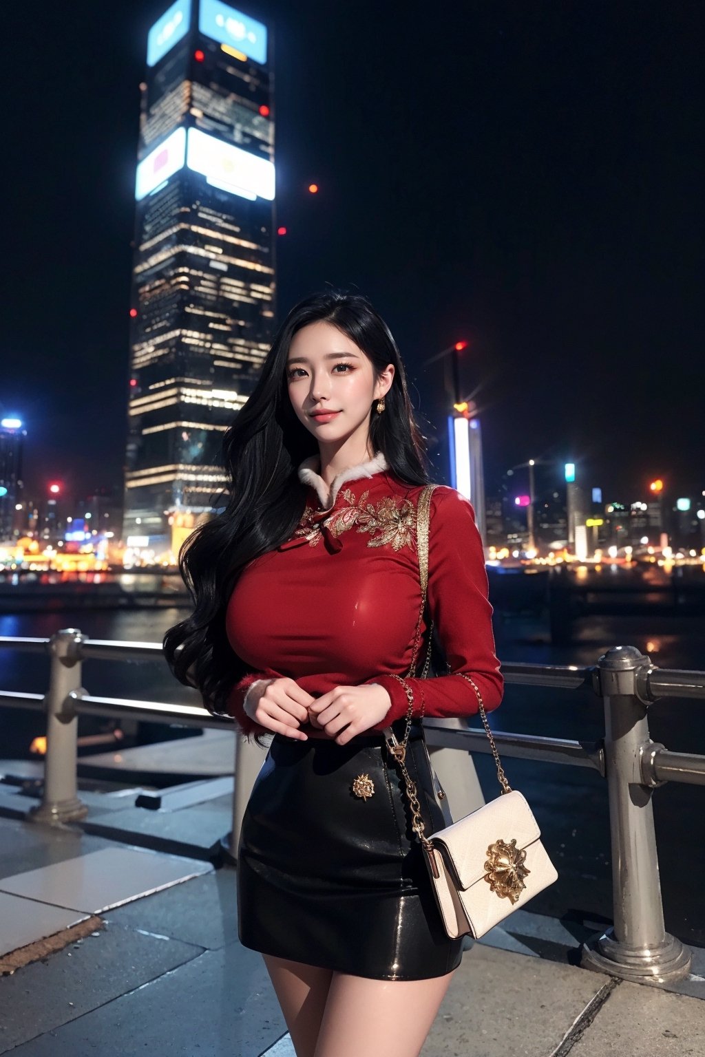 masterpiece, best quality, absurdres, 8K, super fine, best_lighting, (Buzzing cityscape at night with illuminated skyscrapers:1.4), (wonderland:1.2), (cowboy_shot:1.4), (walking toward the viewer:1.2), 28 years old, beautiful korean woman,
BREAK
elegant_prostitute, (seductive smile), (wavy long hair:1.2), huge breasts,
BREAK
(fur-trimmed outfit, red blouse, mini_skirt, Unique Handbag, many fluffy ornaments, opulent fur:1.5), (fluffy cuffs:1.5), asian girl, 1girl, eungirl