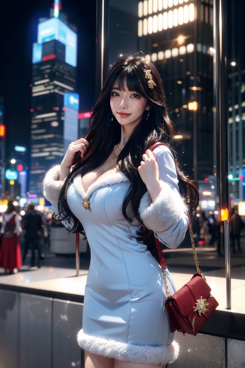 masterpiece, best quality, absurdres, 8K, super fine, best_lighting, (Buzzing cityscape at night with illuminated skyscrapers:1.4), (wonderland:1.2), fantasy_world, princess, (cowboy_shot:1.4), (stlyish pose:1.2), 28 years old, beautiful korean woman,
BREAK
elegant_prostitute, (seductive smile), (wavy long hair, blunt bangs:1.2), huge breasts,
BREAK
(fur-trimmed red dress, Unique Handbag, fluffy ornaments, opulent fur:1.5), (fluffy cuffs:1.5), asian girl, 1girl, eungirl,asian girl