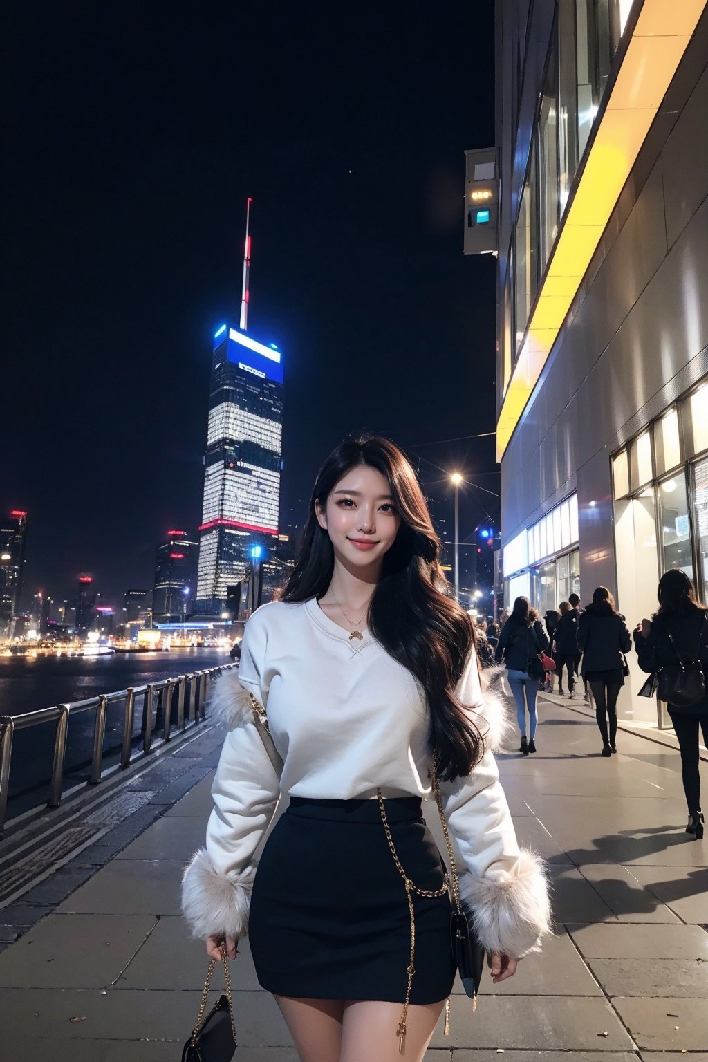 masterpiece, best quality, absurdres, 8K, super fine, best_lighting, (Buzzing cityscape at night with illuminated skyscrapers:1.4), (wonderland:1.2), (cowboy_shot:1.4), (walking toward the viewer:1.2), 28 years old, beautiful korean woman,
BREAK
elegant_prostitute, (seductive smile), (wavy long hair:1.2), huge breasts,
BREAK
(sweatshirt, mini_skirt:1.3), (Unique Handbag, many fluffy ornaments, opulent fur:1.5), (fluffy cuffs:1.5), asian girl, 1girl, eungirl