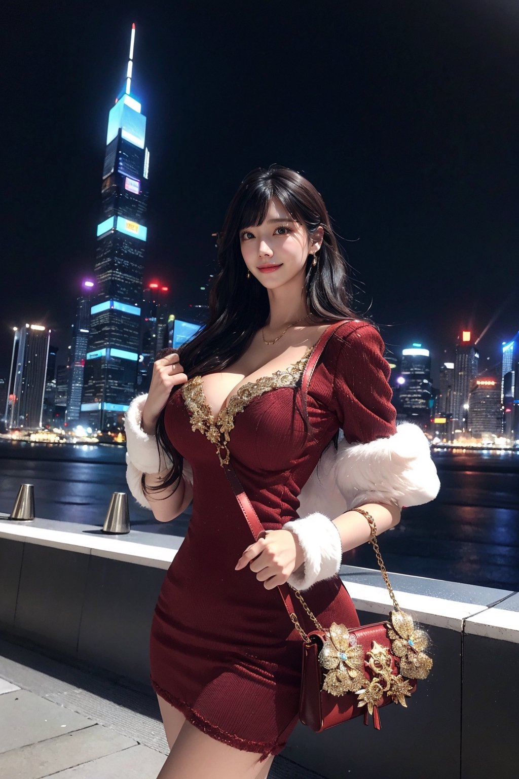 masterpiece, best quality, absurdres, 8K, super fine, best_lighting, (Buzzing cityscape at night with illuminated skyscrapers:1.4), (wonderland:1.2), fantasy_world, princess, (cowboy_shot:1.4), (stlyish pose:1.2), 28 years old, beautiful korean woman,
BREAK
elegant_prostitute, (seductive smile), (wavy long hair, blunt bangs:1.2), huge breasts,
BREAK
(fur-trimmed red dress, Unique Handbag, fluffy ornaments, opulent fur:1.5), (fluffy cuffs:1.5), asian girl, 1girl, eungirl,asian girl