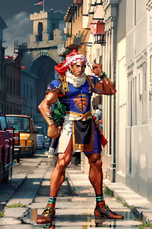 Ibrahim's clothing resembles traditional Middle Eastern attire with sandstorm motifs. He wears a headscarf. Egyptian, Tan skin, 