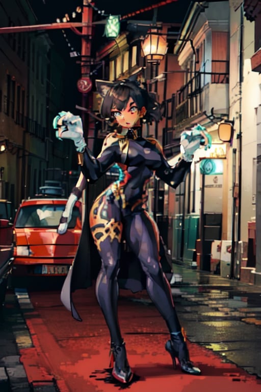 Nina's attire is sleek and cat-themed. She wears a black bodysuit with cat-eye patterns and retractable claws on her gloves. African-American, Brown skin, 
