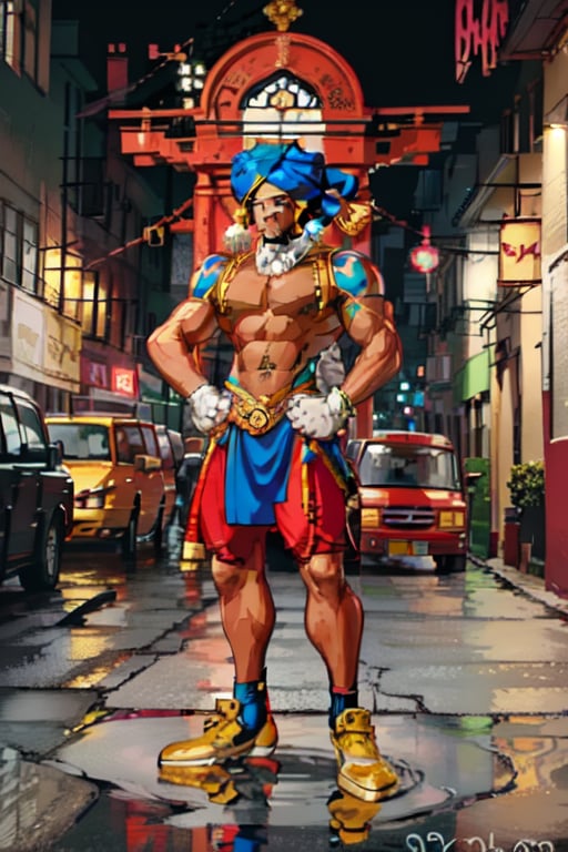 Raj's outfit is inspired by traditional Indian clothing, with bright colors and intricate patterns. He wears a turban with a tiger emblem. Indian,  Tan skin, 