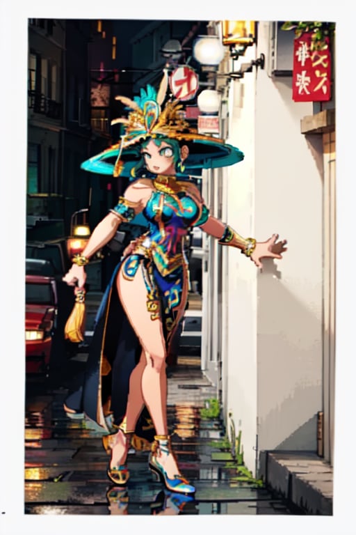 Lucia's outfit draws inspiration from traditional Brazilian Carnival costumes. She wears vibrant feathers and flowing fabrics. Brazilian, Olive skin, 