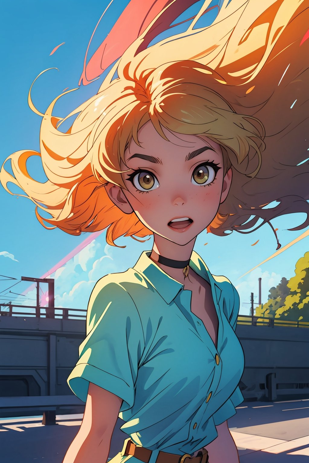 Anime style portrait head to waist, clear brushstrokes, clear lines, vivid colors, sharp image, Beautiful young woman, straight long blonde hair, choker necklace with a lock on it, short tight yellow top, unbuttoned reneissance art patterned short-sleeve shirt wide open in the wind with a yellow short top underneath, naked belly, hourglass body figure, light brown cargo pants with a belt. carefree expression, In the middle of a road on a huge bridge, wind blows, golden hour sunshine, bright yellow highlights, yellow sun rays, clear blue sky, lens flare, light leaks, flim photography aesthetic, anime style digital drawing, masterpiece, high quality artwork, high resolution,